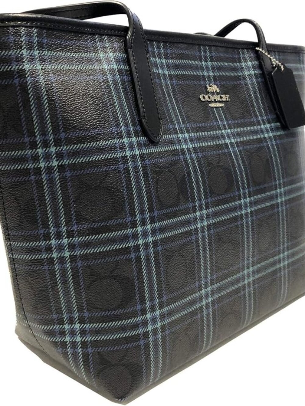 City Tote Bag Graphic Plaid Print on Signature canvas blue black & charc
